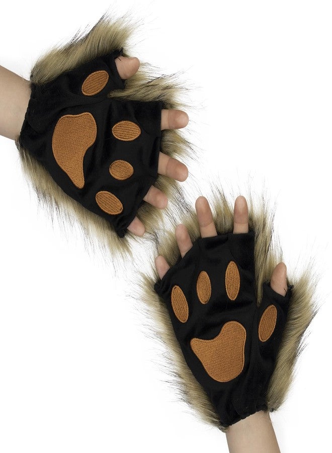 HAOAN Wolf Paw Gloves Faux Fur Cat Fingerless Mittens Winter Warm Cosplay Halloween Fancy Party Costume Accessories - Image 4